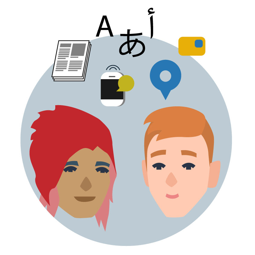 Two illustrated people facing each other, surrounded by icons representing communication: a smartphone with chat bubble, a location pin, a document, and digital interface elements.
