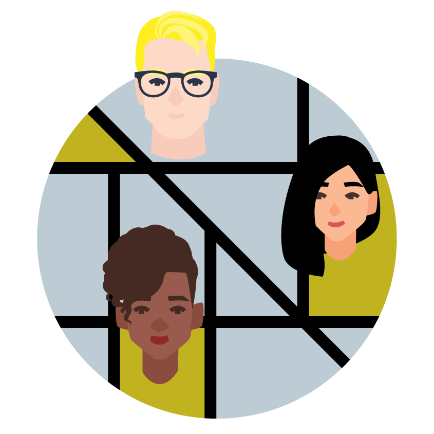 Three illustrated people of diverse backgrounds arranged within a circular graphic divided by bold geometric lines, suggesting a connected community network.