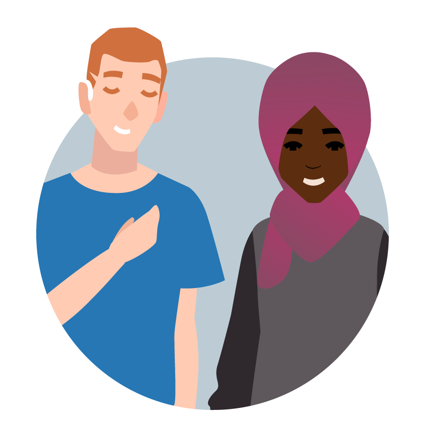 Two illustrated people — a man with a hearing aid and a woman wearing a hijab — standing together against a soft blue circular background, both smiling.