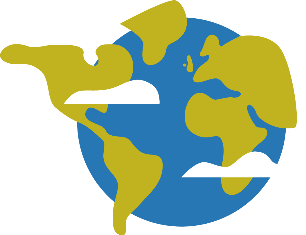 A flat illustrated globe showing landmasses in olive green against a blue ocean, with white cloud shapes across it