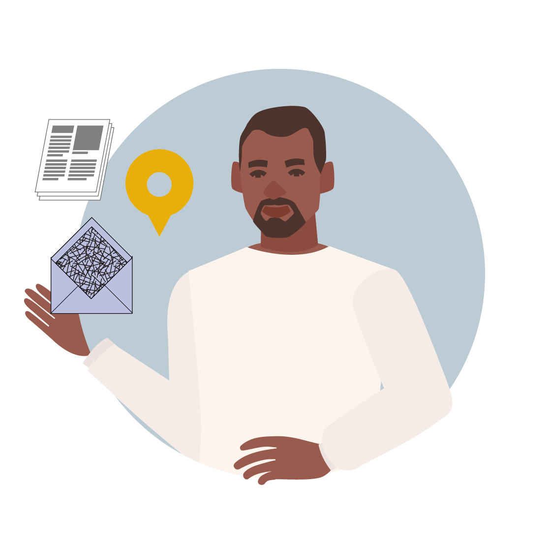 A man holds an envelope while a yellow location pin floats above it, suggesting navigating correspondence and finding the right services
