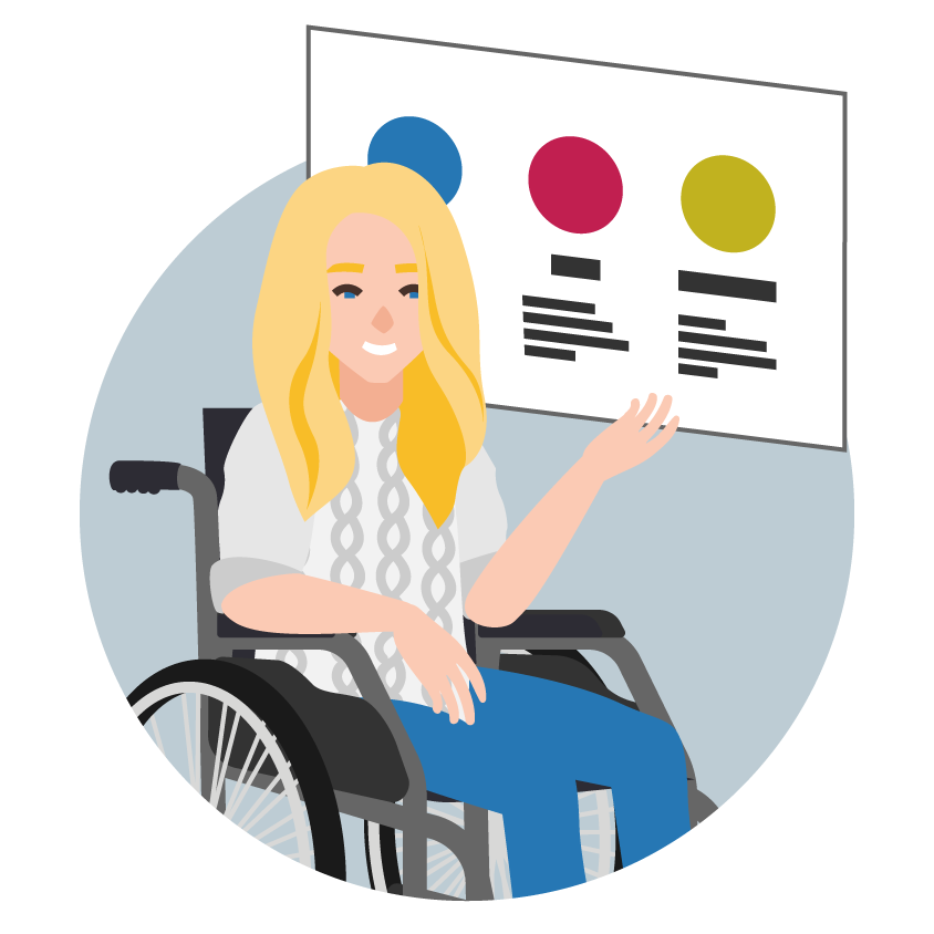 An illustrated woman with blonde hair using a wheelchair, smiling and gesturing toward a presentation board displaying colorful circles and text columns.
