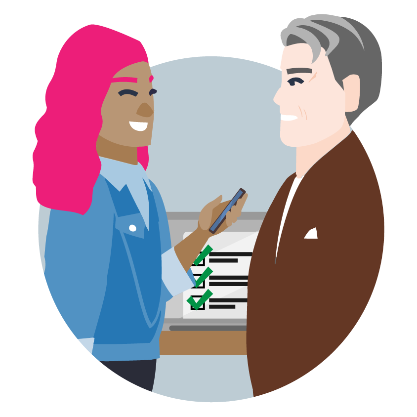 Two illustrated people facing each other: a woman with bright pink hair holding a smartphone, and an older man in a brown jacket. A checklist with green checkmarks is visible between them.