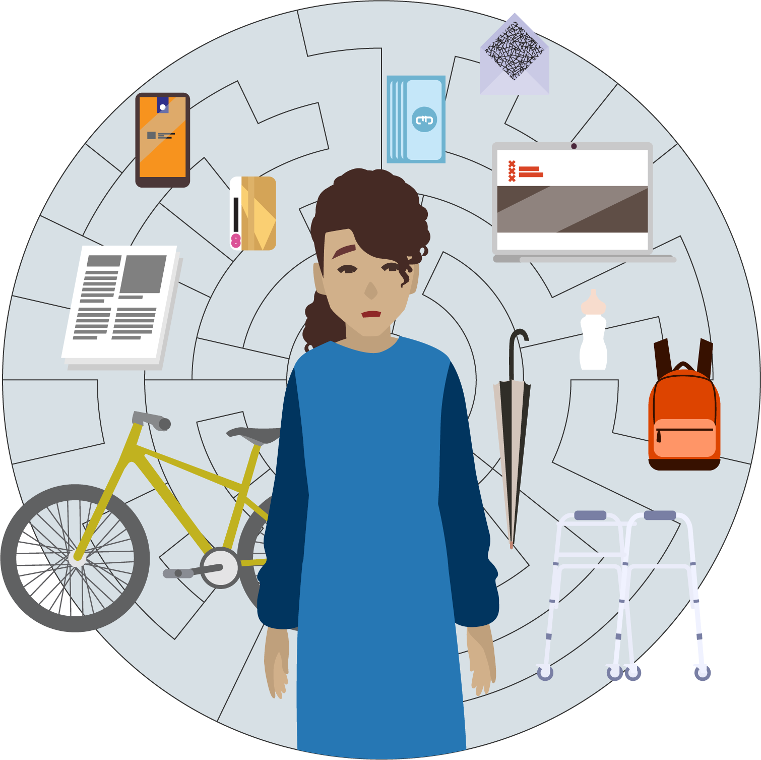 A woman in a blue dress stands at the center of a circular maze, looking overwhelmed. Around her are official documents, a laptop with error messages, and a phone representing the systems she cannot navigate; and a bicycle, a baby bottle, a backpack, a walker, and an umbrella representing the varied life situations of the residents Ookmee serves.
